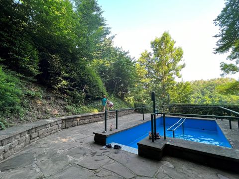 Ein blauer Pool umgeben von grüner Vegetation und Bäumen. Eine Person steht in der Nähe des Pools auf einem steinernen Weg.