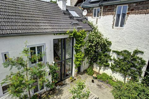 Ein helles, modernes Haus mit großen Fenstern und einem begrünten Innenhof. Umgeben von Pflanzen und Bäumen strahlt der Garten eine ruhige Atmosphäre aus.