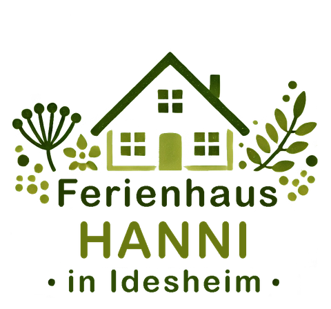 Une image stylisée d'une maison entourée de plantes. Le texte annonce la maison de vacances HANNI à Idesheim.