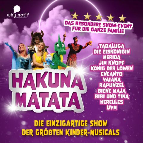 Eine bunte Bühnenaufführung mit verschiedenen Charakteren aus bekannten Kinder-Musicals. Die Veranstaltung richtet sich an Familien und verspricht ein unvergessliches Erlebnis.