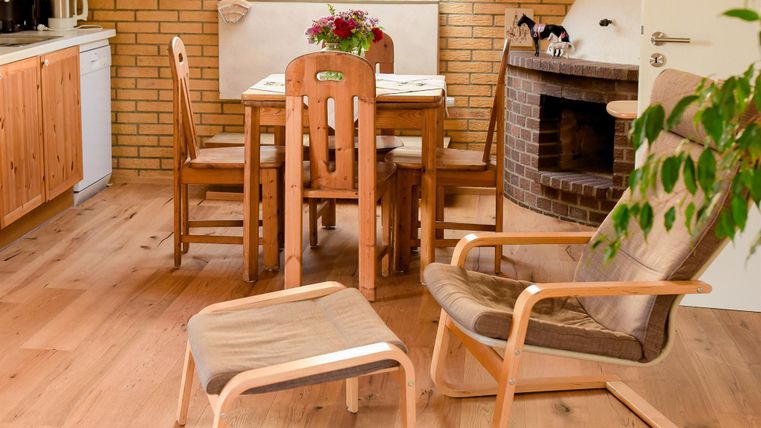Ein gemütlicher Essbereich mit einem Holztisch und Stühlen. Im Hintergrund befindet sich ein Kamin und eine Pflanze sorgt für eine angenehme Atmosphäre.