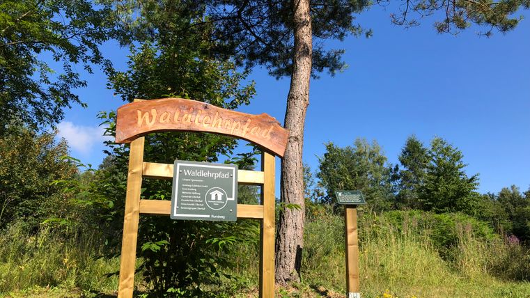 Hinweistafel Waldlehrpfad in Oberkail mit Bäumen im Hintergrund.