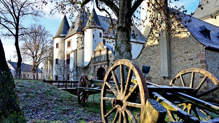 Eine alte Kutsche steht vor einem malerischen Schloss. Der Himmel ist klar und die Umgebung ist grün.