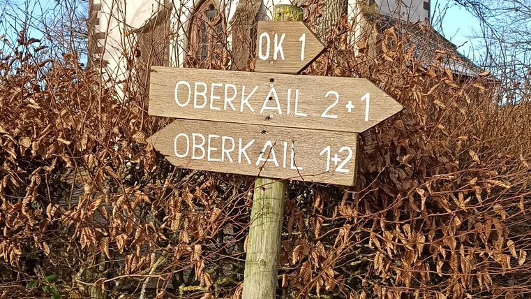 Wegweiser in Oberkail vor einem Baum und einer Kirche.