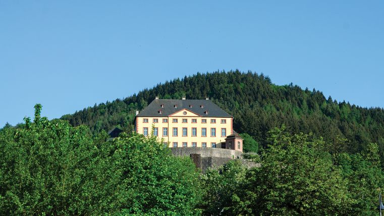Schloss Malberg vor bewaldetem Hügel und blauem Himmel.