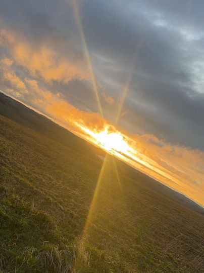 Un magnifique coucher de soleil sur un champ. Le ciel est rempli de nuages et de couleurs chaudes.