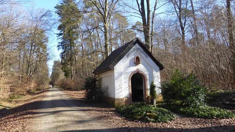 Kleine Kapelle am Waldrand neben einem Schotterweg.