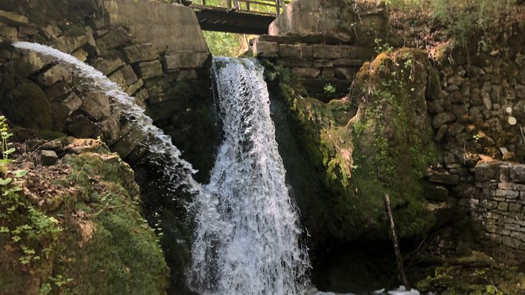 Ein Wasserfall fließt unter einer Brücke in einem bewaldeten Gebiet.