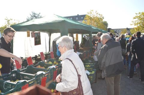 A lively weekly market with many people buying fresh produce. In the background, there are green stalls and a sunshade.