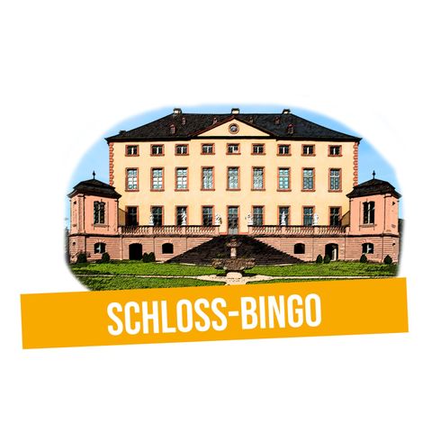 Ein beeindruckendes Schloss mit einer großen Treppe und symmetrischen Türmen. Im Vordergrund steht der Schriftzug "SCHLOSS-BINGO".