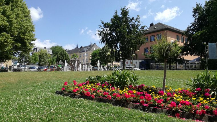 A beautiful park with colorful flowerbeds and green grass. In the background, trees and a water fountain can be seen.
