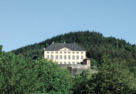 Schloss Malberg thront auf einem Hügel, umgeben von grünen Bäumen und einem klaren blauen Himmel im Hintergrund., © TI Bitburger Land