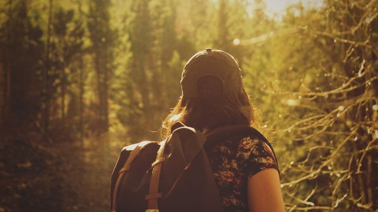 Eine Person mit einem Rucksack steht in einem Wald. Die Sonne scheint durch die Bäume und schafft eine warme Atmosphäre.