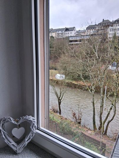 Ein Blick aus einem Fenster auf einen Fluss und kahle Bäume. Im Vordergrund steht ein herzförmiger Dekorationsgegenstand.