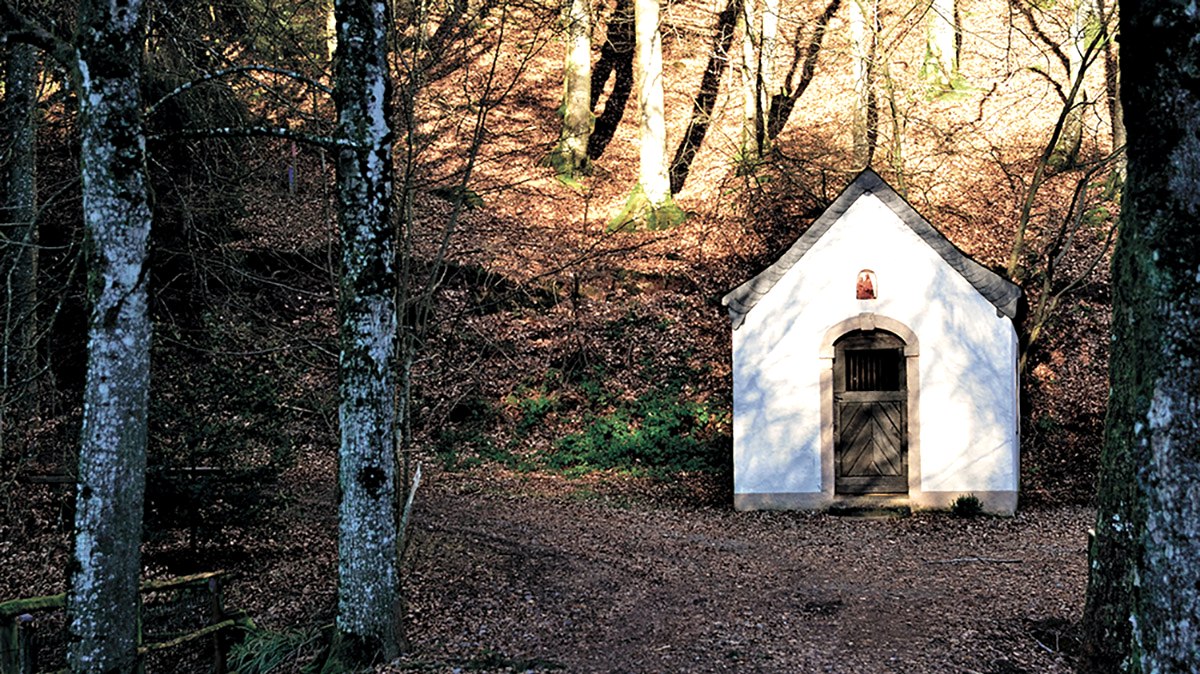 White chapel in the forest, surrounded by trees and autumn leaves. The entrance is made of wood, the surroundings are quiet and secluded., © TI Bitburger Land