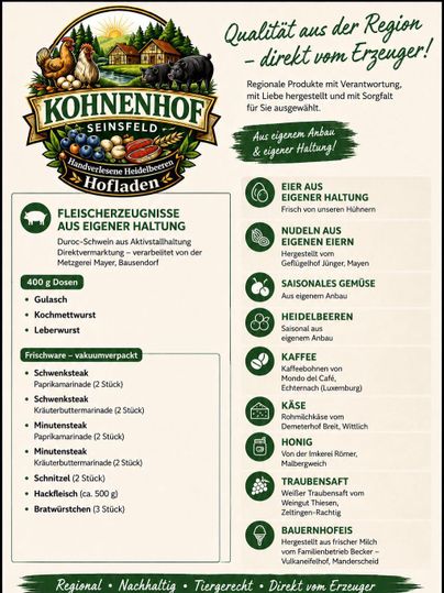 Eine Übersicht über regionale Produkte aus dem Kohnenhof in Seinsfeld. Das Bild zeigt Fleischwaren, Eier, Nudeln und weitere lokale Lebensmittel.
