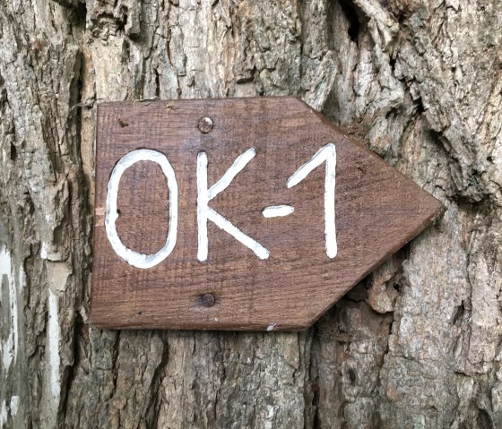 Holzschild mit der Aufschrift 'OK-1' an einem Baumstamm befestigt, zeigt Richtung an., © TI Bitburger Land
