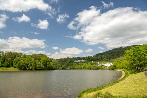 Stausee Bitburg mit bewaldeten Hügeln und Gebäuden im Hintergrund unter blauem Himmel mit Wolken.