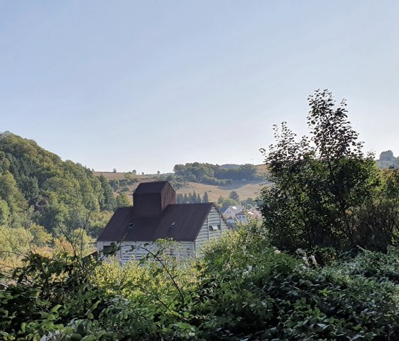 Blick auf eine alte Mühle in Badem, umgeben von grünen Bäumen und Hügeln im Hintergrund unter klarem Himmel., © TI Bitburger Land, Steffi Wagner
