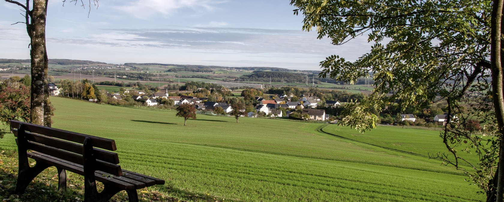 A bench under the trees offers a sweeping view of green fields and the village of Dockendorf in the distance., © Tourist-Info Bitburger Land