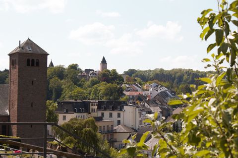 Blick auf Kyllburg mit Kirchturm und Häusern, umgeben von Bäumen.