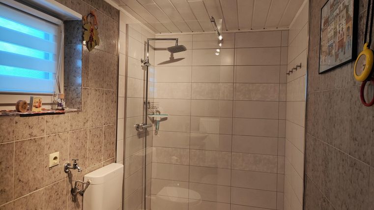 Ein modernes Badezimmer mit einer Duschkabine und einer Toilette. Die Wände sind hell gefliest und es gibt natürliche Lichtquellen.