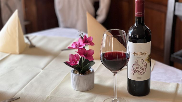 Ein gedeckter Tisch mit einem Glas Rotwein und einer Flasche Wein. Eine kleine Pflanze mit rosa Blüten ergänzt das Arrangement.