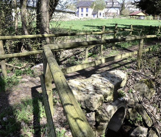Des rampes en bois et des pierres au-dessus d'un petit ruisseau, avec en arrière-plan une maison bleue et une prairie verte., © TI Bitburger Land