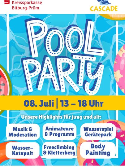 An invitation to the pool party with colorful graphic elements. The event takes place on July 8th from 1 p.m. to 6 p.m. and offers various activities for young and old.