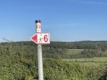 Ein Wegweiser mit der Nummer 6 und 73 steht vor einer grünen, bewaldeten Landschaft unter blauem Himmel., © André Szybalsky