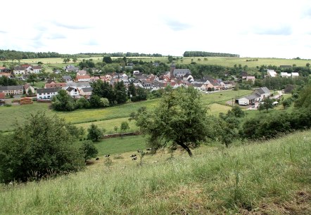 Blick auf Gransdorf: Im Vordergrund grüne Wiesen und Bäume, im Hintergrund das Dorf mit Häusern und einer Kirche, umgeben von Feldern., © Doris Pauels