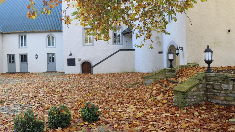 Een hof met veel kleurrijke herfstbladeren en een wit gebouw. Op de achtergrond zijn groene struiken en enkele lantaarns zichtbaar.