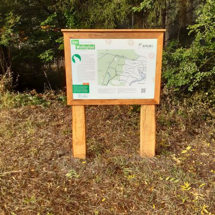 Holzschild mit Karte des Wolfspfads im Wald.