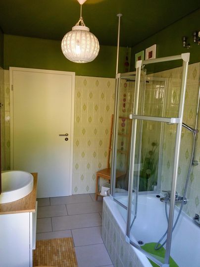 Une salle de bain moderne avec une douche et une baignoire. Les murs sont peints en vert, et un éclairage suspendu procure une ambiance agréable.