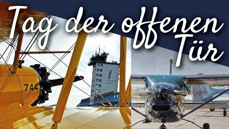 A flight day with various airplanes and the tower in the background. The text announces the "Open House Day."