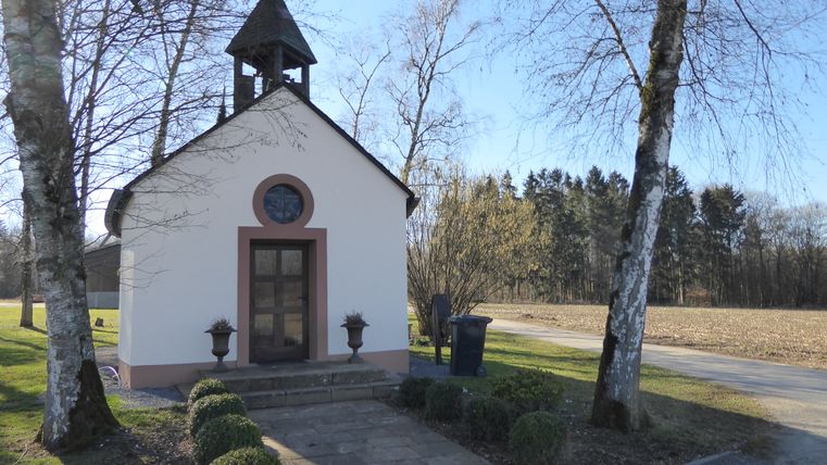 Kleine Kapelle mit Glockenturm und Wetterhahn, umgeben von Bäumen und einem Feld.