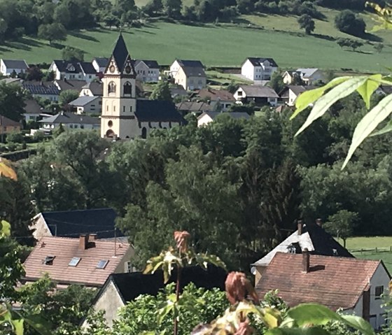 Dorfansicht mit Kirche im Zentrum, umgeben von Häusern und grünen Hügeln. Im Vordergrund sind Pflanzen zu sehen., © TI Bitburger Land