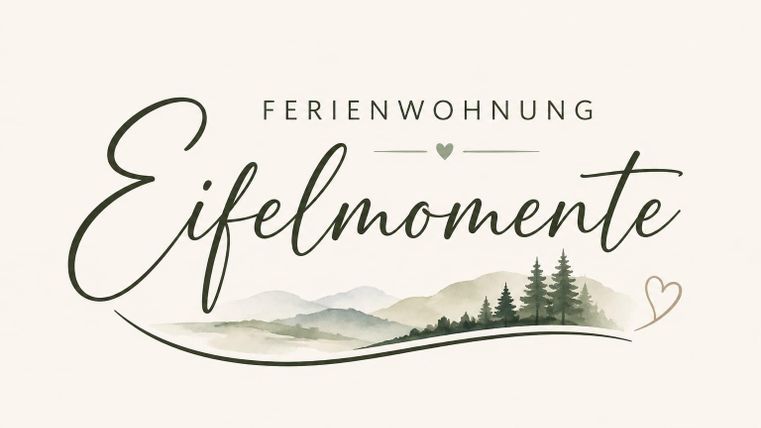 Een stijlvol logo voor een vakantiehuis genaamd "Eifelmomente". Het toont een pittoresk landschap met bergen en vervaging in zachte kleuren.