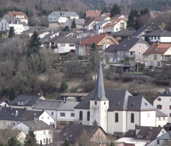 Dorfansicht von Neidenbach mit einer Kirche im Vordergrund und mehreren Wohnhäusern im Hintergrund, umgeben von Bäumen und Hügeln., © Monika Bach