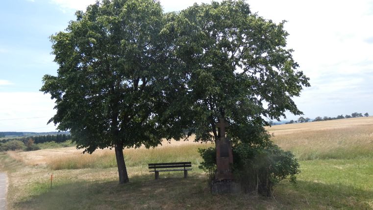 Zwei Bäume mit Bank und Kreuz auf einem Feldweg.