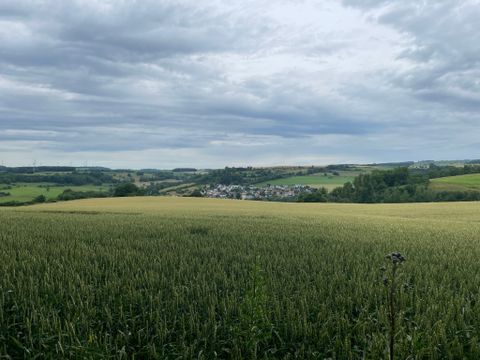 Landschaft mit Feldern und einem Dorf im Hintergrund unter bewölktem Himmel.