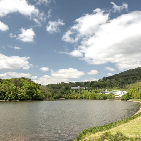 Le lac de barrage de Bitburg avec des collines vertes et des bâtiments en arrière-plan, sous un ciel bleu avec des nuages blancs., © TI Bitburger Land