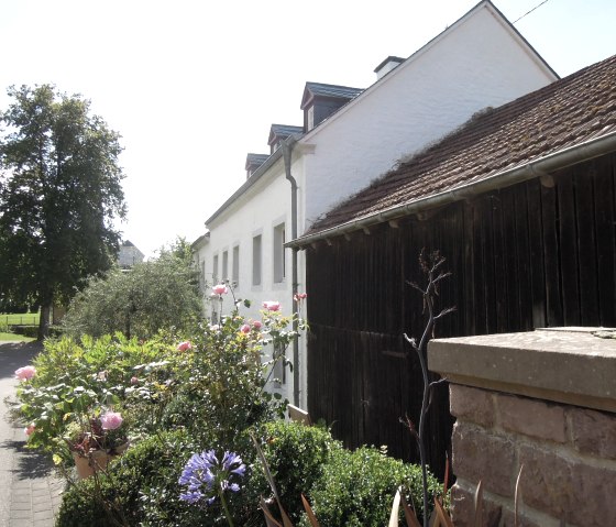 Ein weißes Bauernhaus in Dahlem mit einem gepflegten Garten voller Blumen. Die Sonne scheint, und ein Baum steht im Hintergrund., © Valentin Stamer