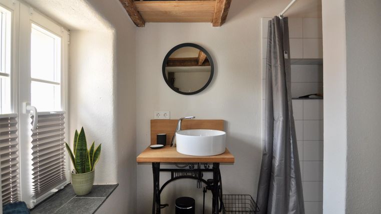 A modern bathroom with a round mirror and a sink on a wooden frame. Green plants and a shower give the room an inviting atmosphere.
