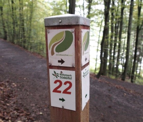 Wegwijzer in het natuurpark Zuid-Eifel toont route nr. 22. Het pad loopt door een groen bos. Borden met pijlen en het logo van het natuurpark zijn zichtbaar., &copy; TI Bitburger Land