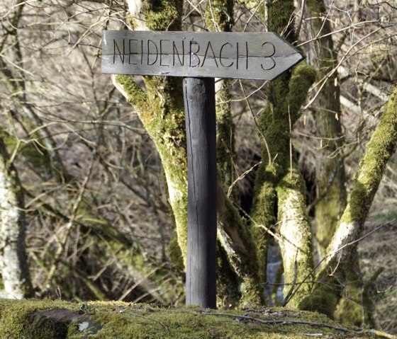 Ein hölzerner Wegweiser mit der Aufschrift 'Neidenbach 3' steht in einem moosbewachsenen Waldgebiet., © M. Bach