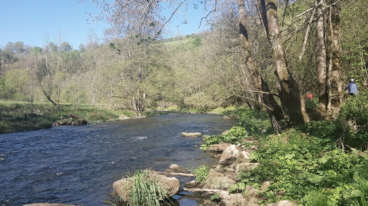 Ein Fluss fließt durch eine grüne Landschaft mit Bäumen. Zwei Radfahrer sind am rechten Ufer zu sehen. Der Himmel ist klar und blau., © TI Bitburger Land_U. Hallet