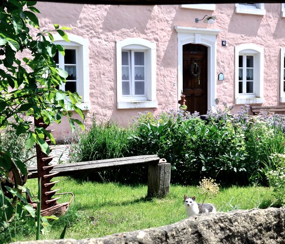 A pink farmhouse with white window frames, surrounded by a flowering garden. A cat sits on the lawn in the foreground., © TI Bitburger Land