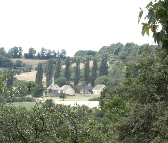 Blick auf eine ländliche Landschaft mit Bäumen und mehreren Häusern in der Ferne, umgeben von Feldern und Hügeln., © TI Bitburger Land