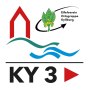 Logo des Eifelvereins Ortsgruppe Kyllburg mit rotem Symbol, blauen Wellen und grünem Blatt. Text: KY 3., © Ortsgemeinde Kyllburg